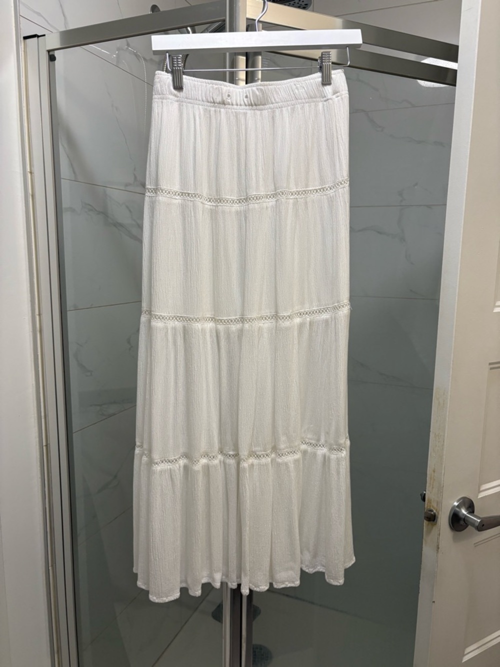 Garage White Tiered Maxi Skirt with Lace Inserts